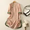 Toma Real de Camisas de Algodón y Lino Estilo Chino Retro de Solapa Oblicua para Primavera y Otoño, Trajes de Té Cheongsam Mejorado de Algodón y Lino Sueltos de Longitud Media