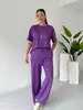 Conjunto Casual de Pantalones Largos Nuevo Otoño Europeo y Americano Estación Independiente Transfronteriza Conjunto de Dos Piezas para Mujer de Color Sólido con Top de Manga Corta y Pantalones Largos
