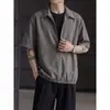 Camisa corta a rayas de bloques de color retro americano para hombres y mujeres, nuevo estilo de verano, holgada, con cremallera, estilo japonés