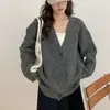 Cardigã de tricô casual retrô com três botões para mulheres, espessado, estilo preguiçoso, novo casaco suéter solto de outono e inverno com gola V