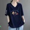 E-commerce Transfronteiriço Nova Camiseta de Manga Curta Estilo Chinês Feminina Solta Tamanho Plus Size Meninas Cheinhas Top para Cobrir a Barriga Escondendo Defeitos Emagrecedor Manga Meia Tendência