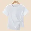 Camiseta Irregular de Manga Corta y Cuello Redondo, Diseño de Algodón de Seda Refrescante para Mujeres Petites, Nueva Colección Verano 2026, Moda Fina para Mujer