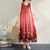 Novo Vestido de Algodão Seda Sem Mangas Estilo Resort à Beira-Mar com Cintura Marcada para Mulheres Tamanho Plus Look Emagrecedor Tamanho Plus Praia Suspender Saia Longa