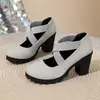 Novos Sapatos de Salto Bloco com Tira Cruzada e Bico Redondo Amazon 2026 Outono Feminino Decotados Salto Alto Sapatos Mary Jane 43