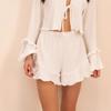 Cardigan de Manga Longa Fresco e Elegante com Laço, Mangas Sino, Shorts Patchwork com Babados e Pijama para Mulheres