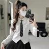 Camisa Corta Mujer Otoño e Invierno Blanca Manga Abullonada Top de Cintura Camisa de Manga Larga Corbata Estilo Preppy Traje Uniforme Jk