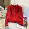 Cardigã de Malha com Botões e Babados Chic para Primavera e Outono para Mulheres, Emagrecedor e Fashion, Top Jovem e Estiloso