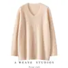 Suéter de cachemira para mujer con abertura lateral, cuello en V, manga larga, corte holgado, casual, versátil, suéter de punto liso para otoño e invierno