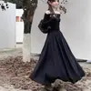 Vestido Longo Elegante de Inverno e Outono para Mulheres, Estilo Francês, para o Dia a Dia, Ombro a Ombro, Manga Longa, com Bolsos, Ajuste na Cintura, Franzido, Modelo Evasê