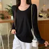 Camiseta de manga comprida com gola U canelada 210g de algodão puro, cor sólida, para primavera e outono, feminina, 2026, camiseta básica, versão lisa sem estampa