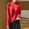 Camiseta básica feminina lisa com gola semi-alta, forrada de fleece, slim fit, quente, de manga longa, tricô para outono e inverno