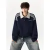 Moletom com Gola Polo Listrado Azul Escuro de Cor Contrastante Masculino Outono Marca Americana Tendência Estilo College Solto Esportivo Gola Reversível Top
