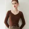Suéter de cachemira 100% pura para otoño e invierno para mujer, tejido de punto básico sin costuras, cuello en V acanalado, corte ajustado
