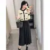 Vestido de tricô elegante estilo coreano para senhora, suave e feminino, falso duas peças, saia longa de comprimento médio, acima do joelho