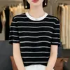 Blusa Feminina Tricô Listrada Color Block Gola Redonda Manga Curta Slim Fit Estilo Suave Versátil para o Trabalho Primavera/Verão