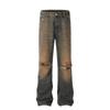 Jeans Lavados Vintage Estilo Americano Amarillos con Manchas de Barro Rasgados para Hombres y Mujeres Sueltos Rectos Caídos Hip Hop High Street Pantalones de Piso