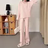 Conjunto casual de suéter canelado para mulheres, outono e inverno, gola V, estilo relaxado, cintura alta, elegante, conjunto de duas peças de caimento solto