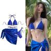 Bikini sexy de satén azul zafiro europeo y americano, tres piezas divididas, cadena de strass, traje de baño blanco para mujeres de pecho pequeño, pura deseo
