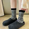 Calcetines Lindos Estilo Coreano Otoño Invierno para Mujer Calcetines de Media Pantorrilla con Lazo Serie Gris Cuadros Corazón Calcetines de Algodón Puro Calcetines Largos con Microcompresión