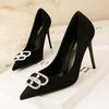 121-3 Zapatos de moda coreana para mujer, de gamuza, punta puntiaguda, hebilla de metal con diamantes de imitación, zapatos de tacón alto sexis y adelgazantes para mujer