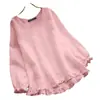 Ropa de mujer transfronteriza, top de algodón y lino con cuello redondo, volantes en las mangas largas, corte holgado, con dobladillo asimétrico de AliExpress