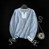 Traz Sua Própria Vibe~Saída de Praia Listrada Estilo Marítimo com Recortes, Blusa de Tricô Fio de Linho Falso Solta e Emagrecedora para Mulheres Nova H040702
