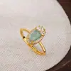 Anel de Folha de Jade Natural em Prata de Lei S925 para Mulheres, Anel de Joia de Folha Dourada, Ajustável e Delicado
