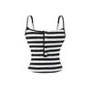 Chica Estilo Coreano~Camisola Rayada Estilo Perezoso con Copas, Ceñidor de Cintura, Chaleco Corto Abotonado Espalda Descubierta para Primavera y Verano