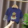Camiseta de Manga Larga de Algodón Puro con Estampado de Dibujos Animados para Niñas, Estilo Nuevo de Primavera y Otoño 2026, Top de Rayas Falso de Dos Piezas T