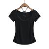 2024 Xia Chun Deseo Dulce Lazo Cuello Camiseta Manga Corta Diseño Mujer Encaje Costura Plisado Cintura Top