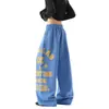 Calça de Moletom Color Block com Estampa de Letras Streetwear Masculina Outono Hip Hop Americano Dança Jazz Calça de Marca Tendência Solta Perna Larga Longa