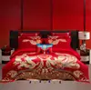Set de Boda de Algodón con Bordado de Dragón y Fénix Juego de Varias Piezas Habitación de Boda Set de Cuatro Piezas de Algodón de Fibra Larga Ropa de Cama Festiva Roja para Boda