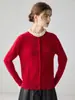 Macio e aconchegante! Cardigã feminino 100% cashmere puro de manga longa com bordas plissadas, gola redonda, abotoamento simples, suéter de tricô cinza