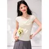 Sí Camisa a cuadros texturizada con mangas abullonadas retro y cuello fluido para mujer, estilo fino de verano 2026, adelgazante para ir al trabajo