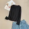 Nova camiseta de outono de cor sólida com botões, gola redonda, manga longa, corte justo, respirável, feita de lã de ovelha, top casual