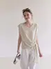 Top chic de estilo francés en color beige albaricoque, de manga corta con cuello en V para mujer, verano 2026, extremadamente elegante, con tiras de amarre, camiseta de punto de seda helada de manga corta