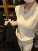 [Andy Velvet Wash] Conjunto estilo coreano: Suéter de punto de manga larga con cuello en V de color albaricoque, corte ajustado, estilo corto, para mujer, otoño/invierno