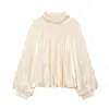 Aliexpress Wholesale Primavera Nueva Camisa Versátil para Mujer con Cuello Alto, Manga Larga, Decoración en Capas, Textura de Satén de Seda 8741030