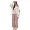 Pantalones de punto estilo perezoso con cordón de corazón, pierna ancha, para mujer, primavera, otoño, cintura alta, sueltos, casual, con caída, tipo nube, pegajosos como arroz glutinoso
