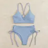 Novo Maiô Europeu e Americano Feminino Transfronteiriço Cor Sólida Decote V Sexy Conjunto de Biquíni Cintura Alta Cordão Fenda Roupa de Banho