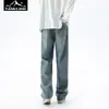Calça Jeans Masculina Primavera e Outono Corte Reto Solto Cintura Elástica Marca Americana Tendência Retro Japonês Casual Perna Larga Caimento Longo