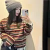 Suéter de tricô com gola redonda e mangas compridas, cardigã de tricô listrado colorido, novo top estiloso da moda outonal, suéter versátil