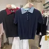 Camiseta de Hombro de Manga Corta con Cuello Polo Gris Estilo Coreano para Mujer Verano Pequeña de Hielo Seda Tejida Top Corto de Solapa Delgado