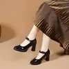 Sapatos de salto grosso de tira única salto alto 2026 Outono Novo Estilo Confortável Impermeável Plataforma Solado Grosso Aumento de Altura Trabalho Sapatos de Couro Feminino
