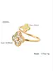 Moda Europeia e Americana Simples de Alta Qualidade Flor de Trevo de Quatro Folhas Cravejada com Zircônia Aço Inoxidável Banhado a Ouro 18K Anel Feminino Atacado