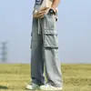 Calça Jeans de Trabalho com Múltiplos Bolsos para Homem, Perna Larga Reta Solta Lavada Estilo High Street Americano Calça Casual