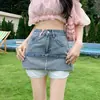 Saia Jeans Vintage Azul Bordada de Cor Contrastante Feminina Outono Fina Cintura Alta Antiderrapante Linha A Quadril Saia Antiderrapante