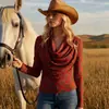Top de Manga Larga a Cuadros Rojos con Cuello Alto y Cintura Ceñida, Adecuado para un Estilo Artístico y Ajustado al Cuerpo en Estilo Country Británico