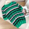 2023 Primavera y Verano Nuevo Pulóver de Manga Corta a Rayas Azul Francés y Verde para Mujer Top de Algodón Cuello Redondo Combinación de Colores Camiseta Tejida