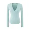Camiseta de Manga Larga de Color Sólido Versátil Americana con Cuello en V Cruzado para Mujer Otoño Sexy Estilo Puro Deseo Ajuste Delgado Hombro Normal Prenda Base Superior